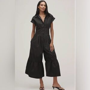 Anthropologie Black Short-Sleeve Wide-Leg Tiered Jumpsuit